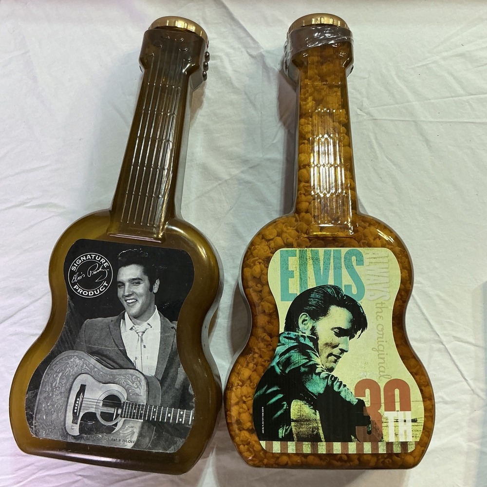Vintage Elvis Presley Guitar Popcorn Canisters Plastic Coin Banks‎ Set of 2